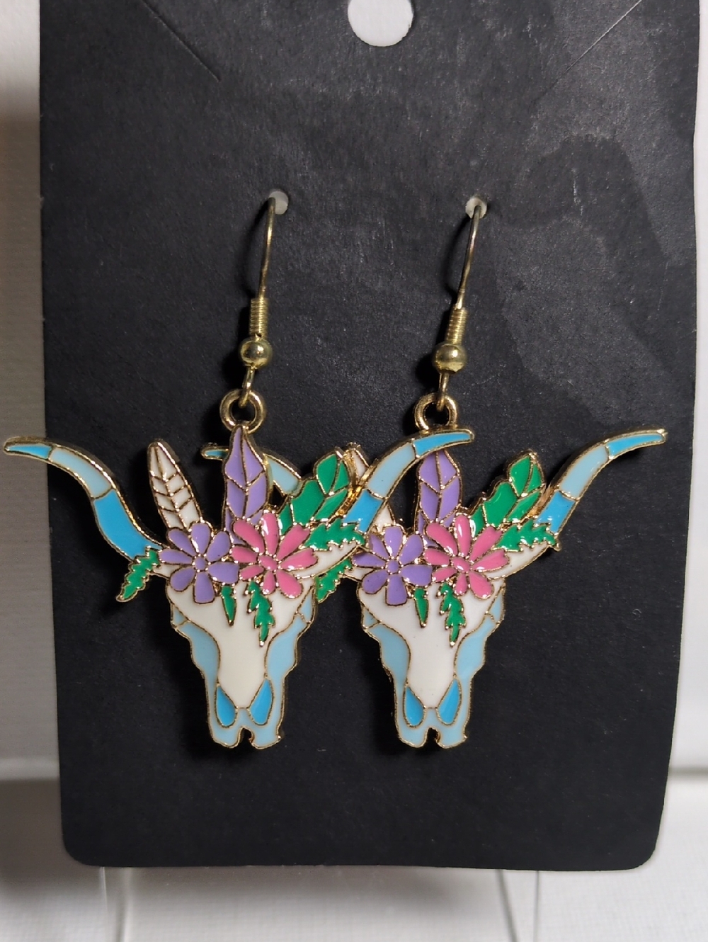 Floral Bull Skull Enamel Drop Earrings - Pastel Pink, Purple & Turquoise